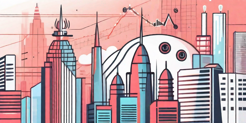 A futuristic city skyline with various buildings shaped like ai robots and symbols