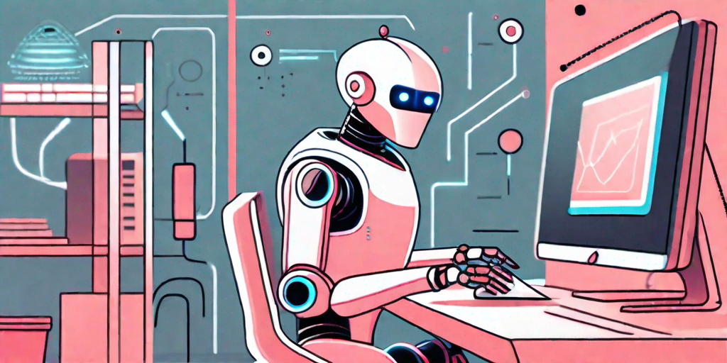 A futuristic robot sitting at a computer