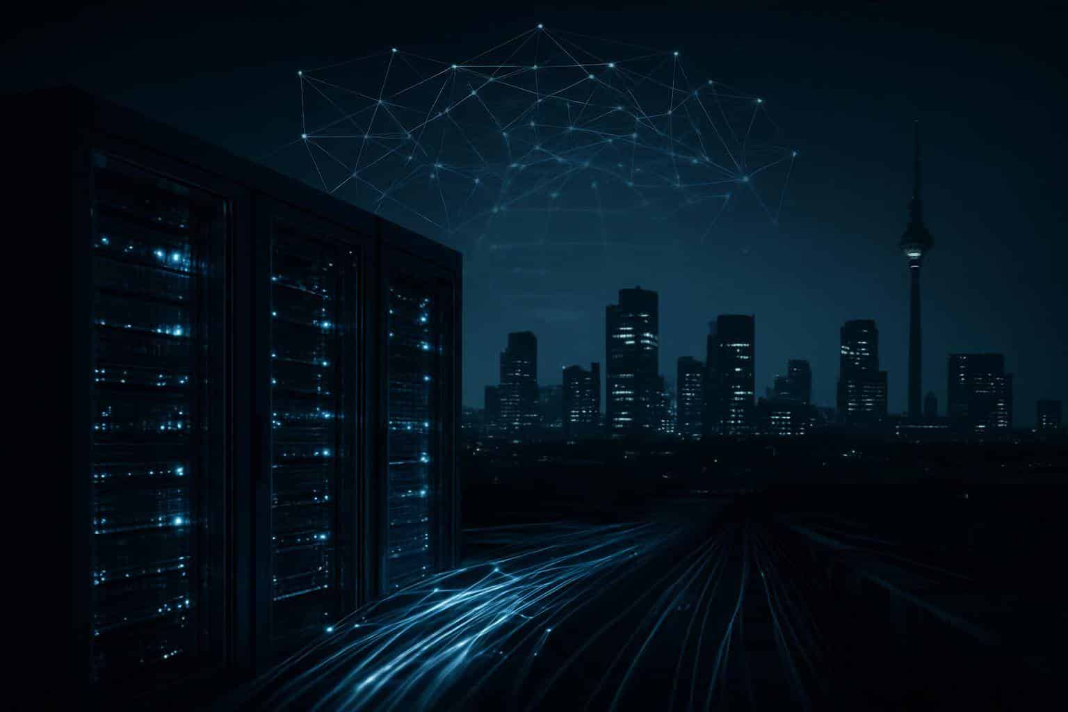 Leuchtende Rechenzentren als Symbol dafür, dass Big Tech massiv in KI investiert und damit Märkte beeinflusst.