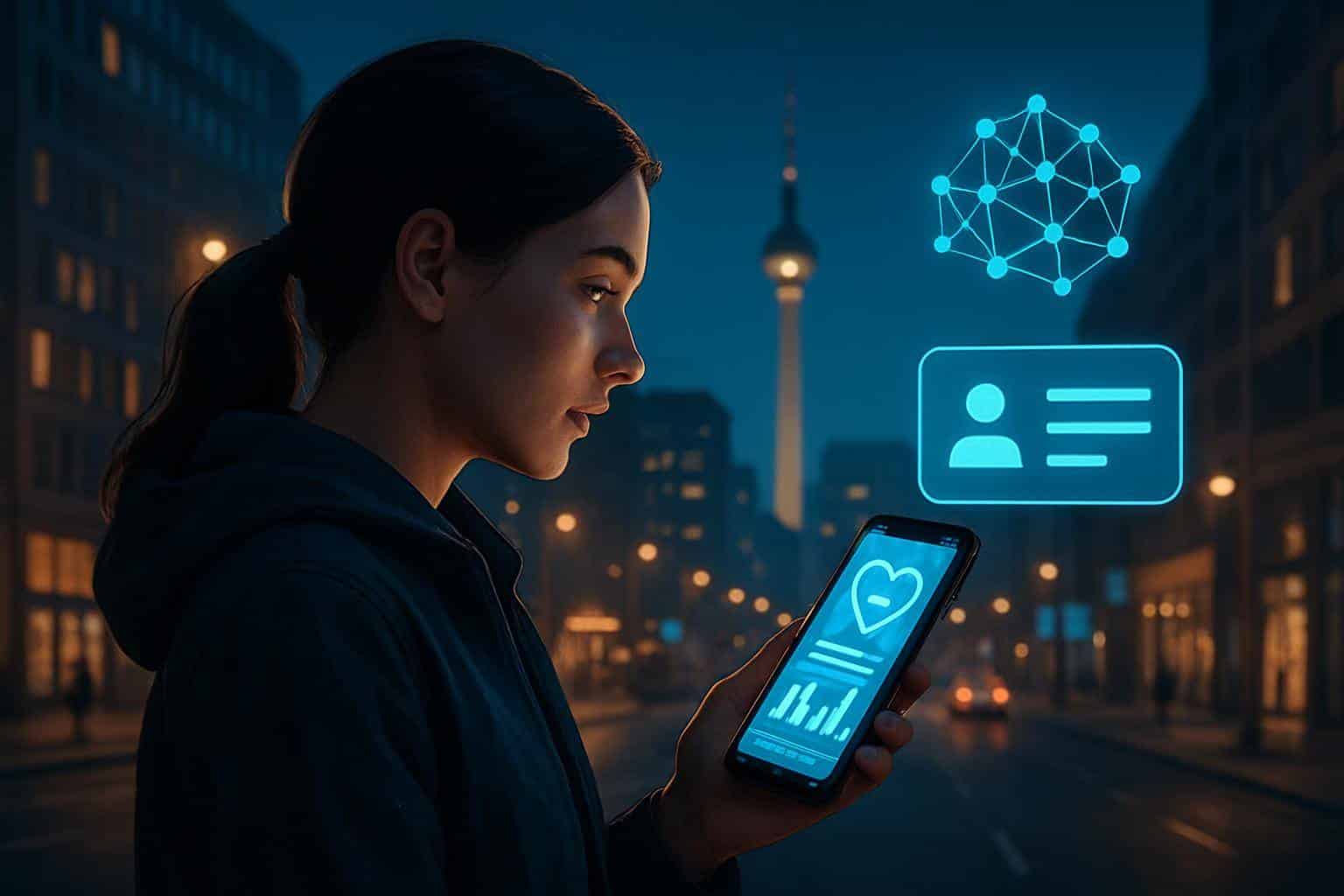 Smartphone zeigt KI-gestützte Gesundheitsberatung, im Hintergrund dezente KI-Grafik