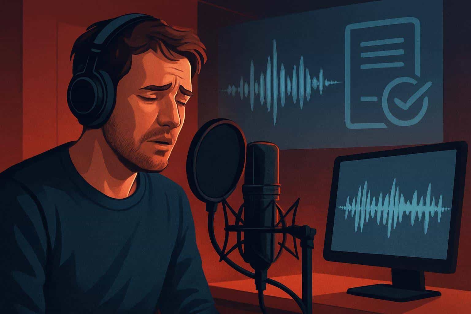 Synchronsprecher im Studio mit KI-Signal-Overlay und Vertrags-Icon, das den Druck durch KI-Stimmen zeigt.