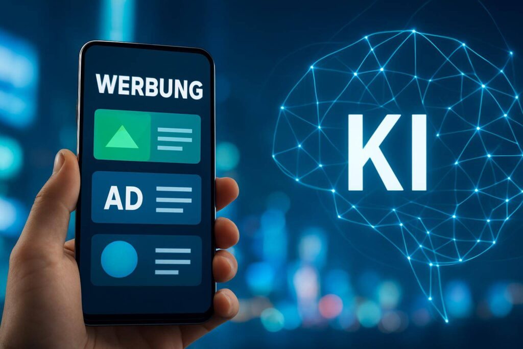 KI-Overlay über digitalen Werbeanzeigen als Symbol für den KI-Standard 2026