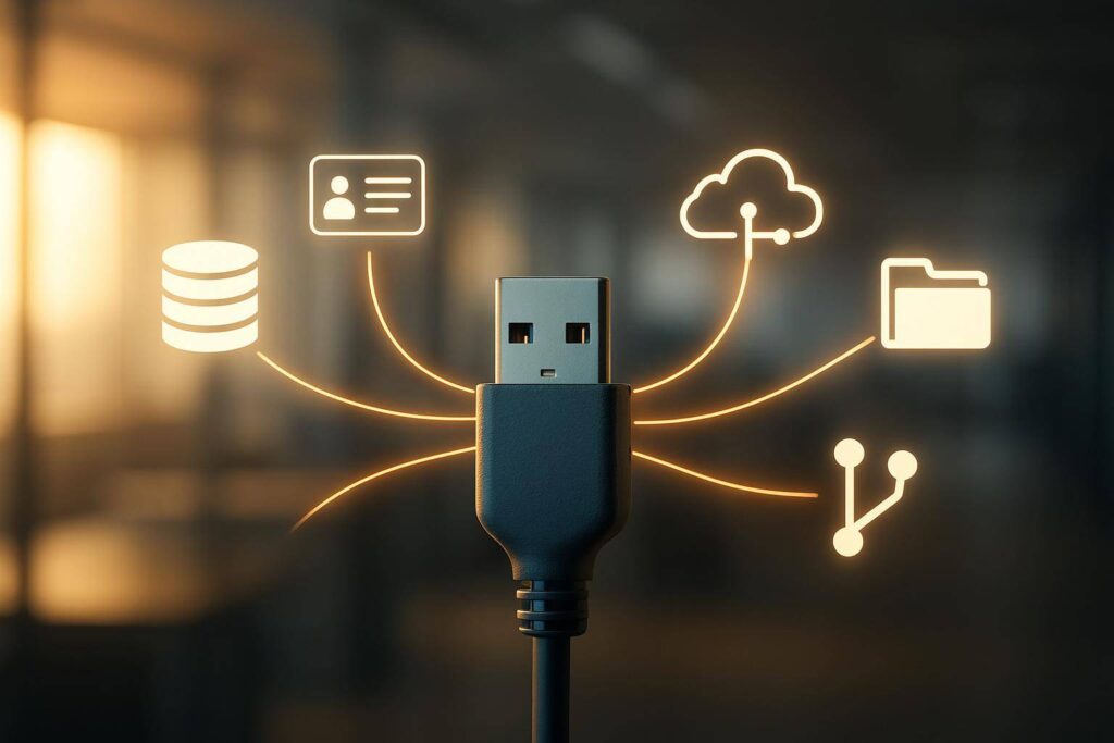 USB-ähnliches Symbol, das zeigt, wie MCP KI mit Unternehmens-Tools verbindet