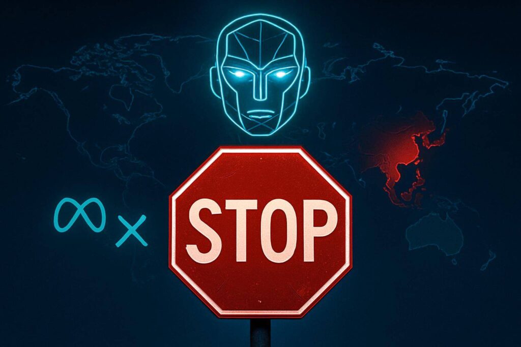 Symbolisches Stoppschild, Neon-KI und geopolitische Blockade zwischen Meta und Manus