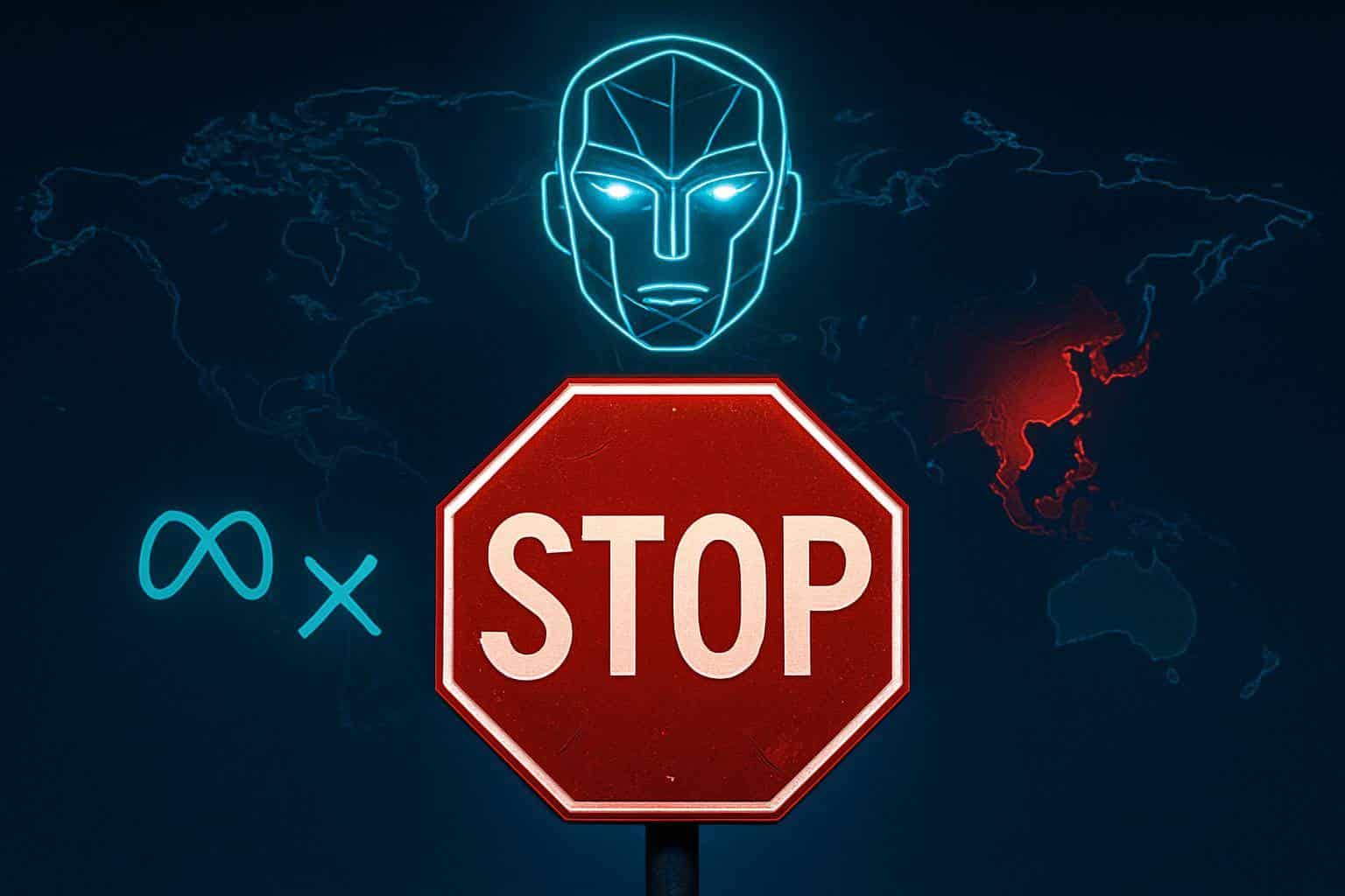 Symbolisches Stoppschild, Neon-KI und geopolitische Blockade zwischen Meta und Manus