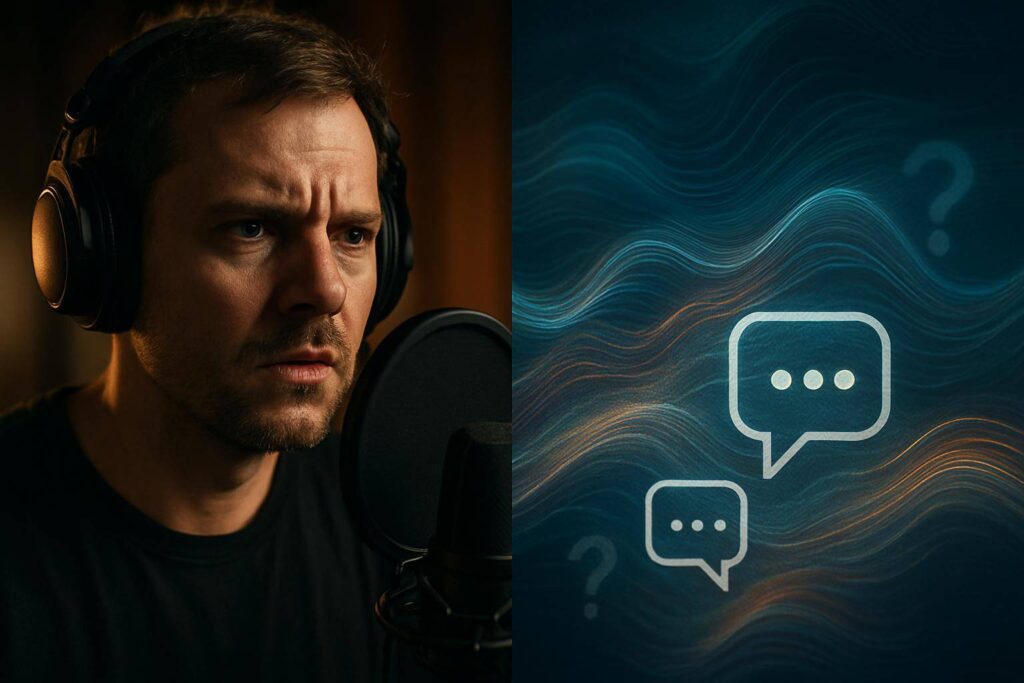 Synchronsprecher im Studio, überlagert von KI-Signalen als Konflikt um Vertragsklauseln